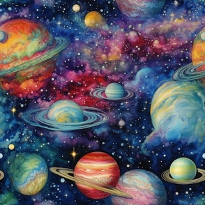 Space Odyssey - Bright Multicolor Colorful Rainbow Galaxy of Planets Stars Moons Nebula Night Cloud Sky