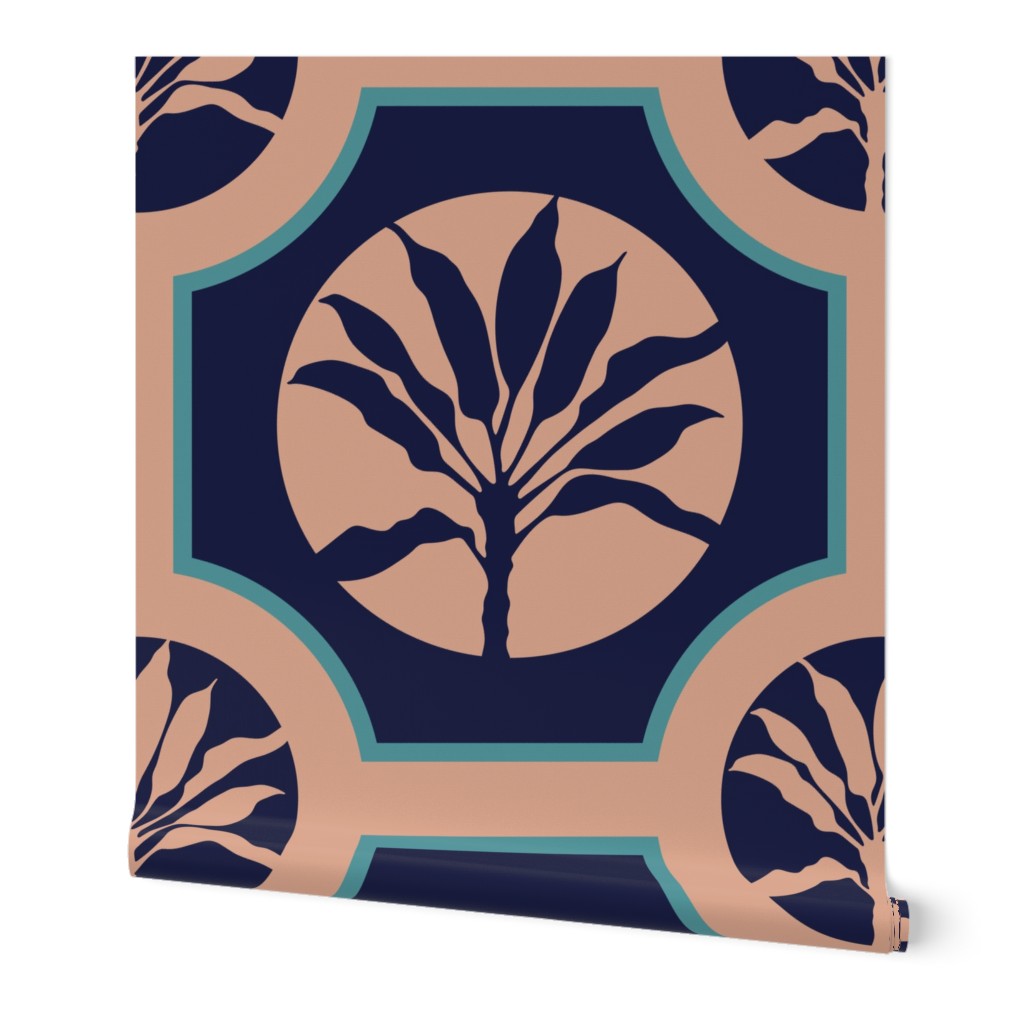 MAROC Tropical Ti Exotic Botanical Plants Geometric Mosaic Tiles in Midnight Blue Cream - LARGE Scale - UnBlink Studio by Jackie Tahara