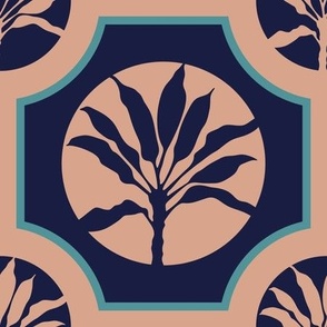 MAROC Tropical Ti Exotic Botanical Plants Geometric Mosaic Tiles in Midnight Blue Cream - MEDIUM Scale - UnBlink Studio by Jackie Tahara