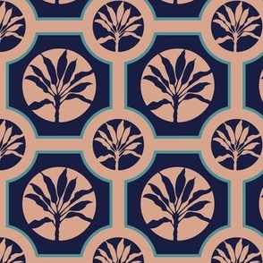 MAROC Tropical Ti Exotic Botanical Plants Geometric Mosaic Tiles in Midnight Blue Cream - SMALL Scale - UnBlink Studio by Jackie Tahara