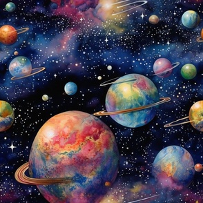Ringworlds - Colorful Watercolor Space Planets Stars Nebula Clouds Dark Night