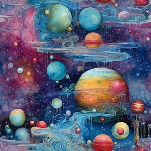 Jupiters Jealousy - Watercolor Space Voyage to Fantastic Colorful Rainbow Planets