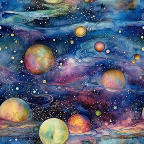 Space Journey - Voyage into Rainbow Galaxy of Planets Stars Moons and Nebula in the Night Sky