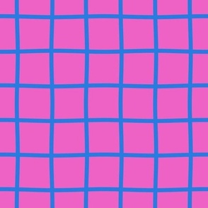 Bold wavy gingham plaid check stripes, blue on pink