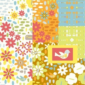 Patchwork Cheater Quilt - Spring Flowers - Retro Folk Flowers And Birds.