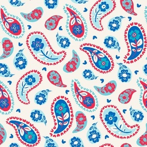 Patriotic Inspired Paisley Floral in Red, Blue, Cream, and Aqua on Cream | 12in