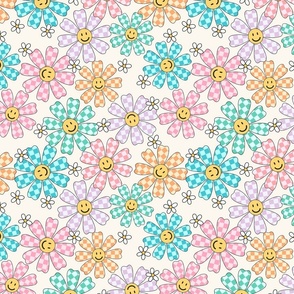Happy Daisies, Spring Summer Floral, Smile Face, Checkers, Checkerboard
