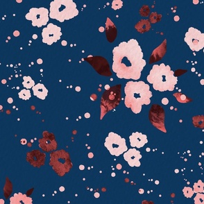 Watercolour Blooms Floral Dark Blue Background 