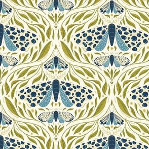 6" Indigo Blue Dotted Moth and Moss Green Leaves on Ivory White