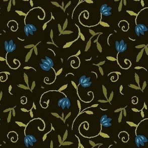 Dipsy - 6" Cottagecore Disty Florals in Tiny Indigo Blue Flowers and Green Leaves on Smokey Black
