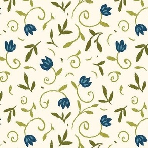Dipsy - 6" Cottagecore Disty Florals - Indigo Blue Tiny Flowers and Green Levaes on Latte White