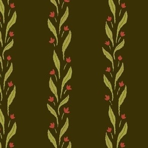Posy - 6" Vintage Ditsy Floral Stripe - Dark and Moody Red Flowers and Leaves on Drab Brown