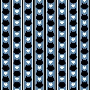 Tiny Black Cat Love Heart Stripes Dusty Blue