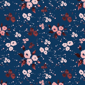 Watercolour Blooms Floral Dark Blue Background (small scale)
