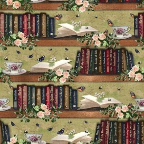 Floral Roses Library Wallpaper, Moms Happy Place, Summer Reading Afternoon Tea with Grandma, Granny Gift, Old Vintage Bookcase, Mother's Day Book Haven, Cozy Library Feature Wall Mural, Green Fingers Reading Nook for Grandma, Botanical Flower Bouquet