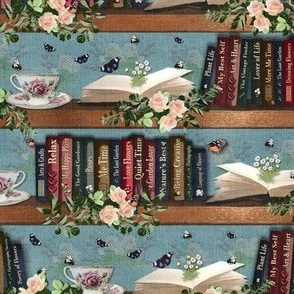 Enchanted Bookworm Design, Dark Academia Floral Library Print, Victorian Blue Gray Cottagecore Wallpaper, Cozy Retro Reading Nook Bookcase Art, Quirky Butterfly Book Lover Design, Old Retro Whimsical China Teacup Library, Artistic Decorative Teal Open Boo