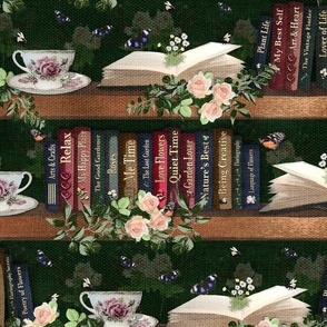 Tranquil Dark Green Grandma Library, Dark Academia Botanical Books, Antique Bookcase Mother's Day Floral Rose Bouquet, Antique Garden Lover Bookshelf, Relaxing Country Cottage Library Book Nook Reading Room, Dark Green Moody Reading Library Bookshelf 