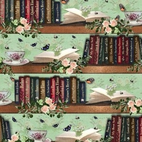 Cozy Bookworm Book Lover, Antique Vintage Book Reading Room, Grandma Granny Mint Green Floral Rose Garden Library Wall, Whimsical Bookshelf, Bumble Bees, Colorful Butterfly, Cozy Library Feature Wall Mural, Mom Teacher Gift Botanical Library Weave Texture