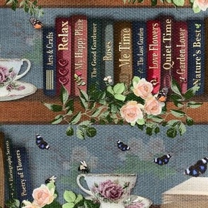 Academic Library Graduation Gift, Blue Gray Country Cottage Library Book Nook, Tranquil Library Cottagecore Floral Design, Tranquil Book Lover Oasis, Mothers Day Butterflies, Country Cottage Bookshelf, Grandma Cozy Cottage, Librarian Reading Nook Mom Gift