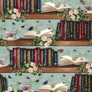 Cottagecore Library Feminine Style, Botanical Green Library Weave Texture, Relaxing Teal Green Library Garden Art Books, Self Care Library Books, Librarian Haven Textured Design, Garden Book Lover Design, Story Time Bookworm, Antique Library Book Wall