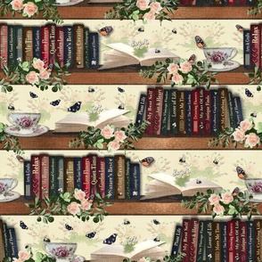 Scholarly Library Reading Nook Decor, Nostalgic Antique Bookshelf, Whimsical Wildlife Insect Bookshelf Bumble Bee Design, Tranquil Lemon Yellow Library Botanical Illustration, Quirky Antique Book Bookcase, Pink Rose Flower Bouquet, Whimsical Summer Animal