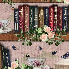 Bookcase Library Wallpaper, Blush Pink Reading Retreat, Book Lover Haven, Maximalist Library Kitsch Decor, Story Time Book Design, Open Book Illustration, Floral Roses Green Leaves Library Wall Decor, Relaxing Me Time Reading Books, Cozy Library Feature