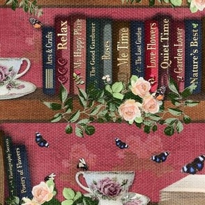 Vintage Bookcase Book Lover Haven, Antique Claret Library Cottagecore Decor, Warm Earth Tones, Floral Roses China Tea Cup, Country Cottage Bookworm Bookshelf, Garden Lover, Butterfly Garden, Relaxing Librarian Reading Nook, Gardening Lover Bookshelf