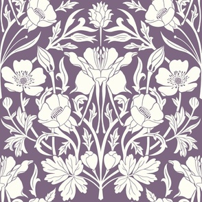 Columbine and buttercups/modern damask/floral vine garden/purple