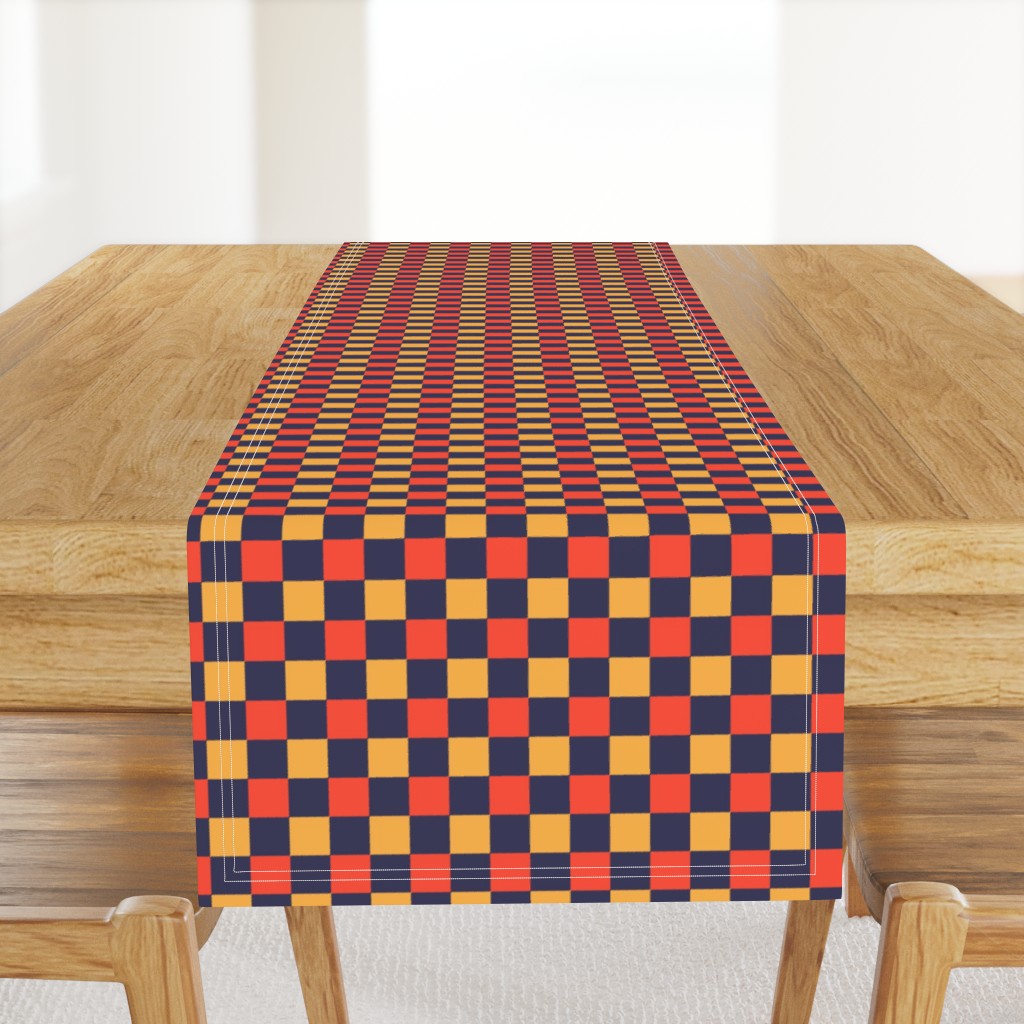 Small scale / Bright red and mustard yellow 1 inch checkerboard squares on dark navy blue / Vintage 60s geometric kitchen tiles / 70s picnic checks box grid in hot jewel crimson scarlet goldenrod deep blue black blender