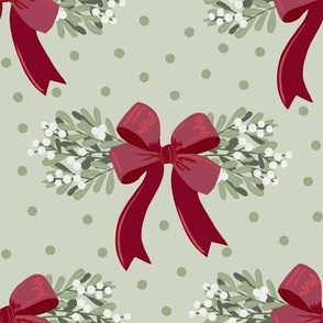 Large Mistletoe Floral Bouquet with Red Bow on Sage Polka Dot