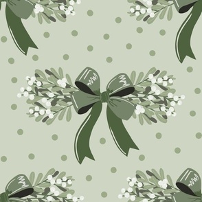 Large Mistletoe Bunches with Green Ribbon, Sage Polka Dot
