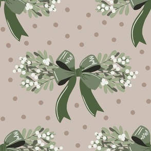 Large Mistletoe Bunches with Green Bow, Tan Polka Dot