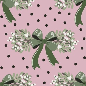 Large Mistletoe Bunches with Green Bow on Christmas Pink