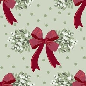 Small Mistletoe Bunches with Red Ribbon on Sage Dot