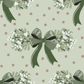Small Mistletoe Bunches with Green Ribbon on Tan Dot with Sage