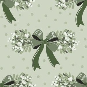 Small Mistletoe Bunches with Green Ribbon on Sage Dot
