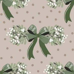 Small Mistletoe Bunches with Green Ribbon on Tan Dot