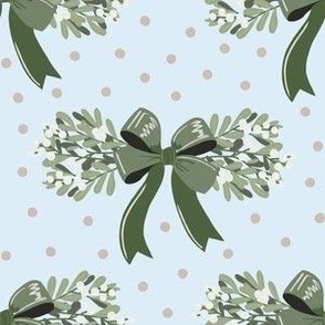 Small Mistletoe Bunches with Green Bow Baby Blue with Tan Dot