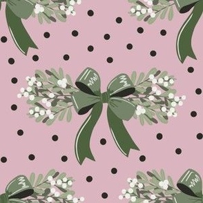 Small Mistletoe Bunches with Green Bow on Christmas Pink
