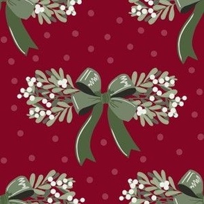 Small Mistletoe with Green Bow on Cranberry Red Dot