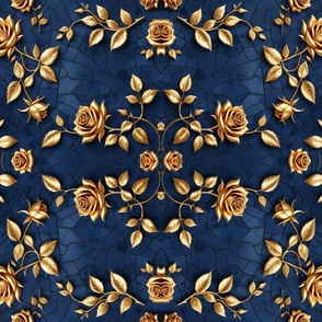 Glittering  Metallic Gold  Rose On Blue Crackled Velvet