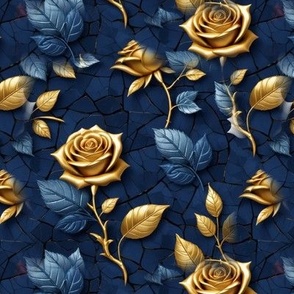 Glittering  Metallic Gold  Rose On Blue Crackled Velvet