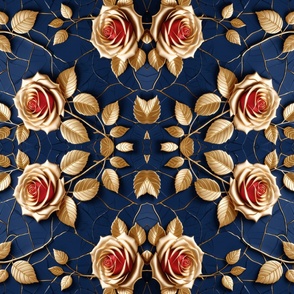Glittering  Metallic Gold  Rose On Blue Crackled Velvet