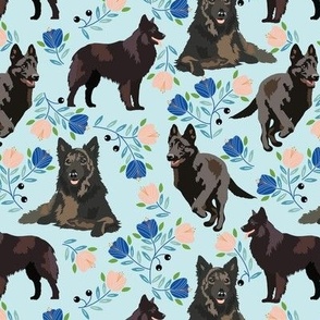 Dutch Shepherd Dog and Tulips in blue peach and light green