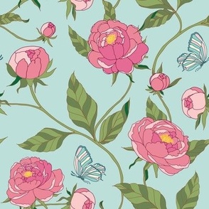 Floral pattern with pink peonies and butterflies.
