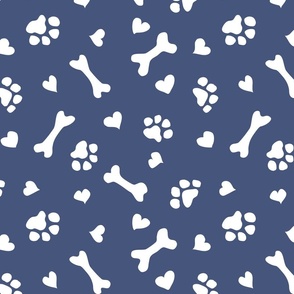 (M) Doggie Paw Prints, Dog Bones and Hearts Denim Blue and White
