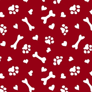 (M) Doggie Paw Prints, Dog Bones and Hearts Denim Red and White