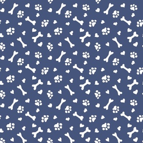 (S) Doggie Paw Prints, Dog Bones and Hearts Denim Blue and White