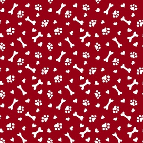 (S) Doggie Paw Prints, Dog Bones and Hearts Denim Red and White