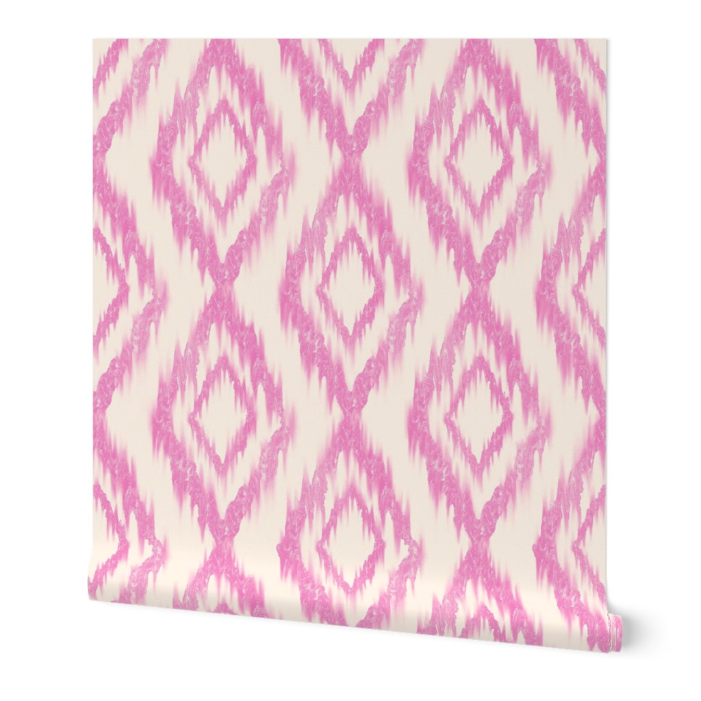 Traditional Ikat Diamonds in Barbie Pink on Off White Background